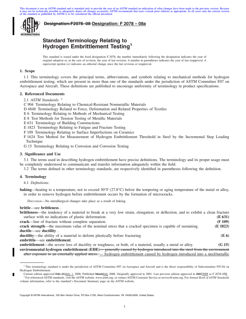 REDLINE ASTM F2078-08a - Standard Terminology Relating to Hydrogen Embrittlement Testing