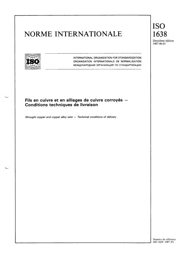 ISO 1638:1987 - Fils en cuivre et en alliages de cuivre corroyés -- Conditions techniques de livraison