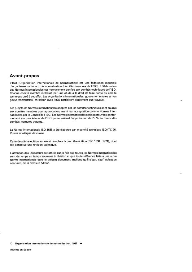 ISO 1638:1987 ISO 1638:1987 - Fils en cuivre et en alliages de cuivre corroyés -- Conditions techniques de livraison - Page 2 preview