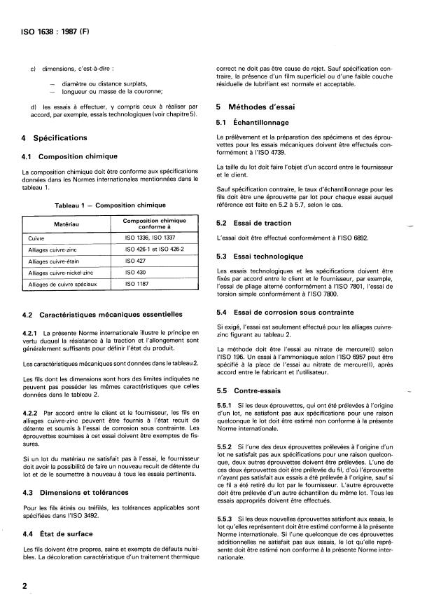 ISO 1638:1987 ISO 1638:1987 - Fils en cuivre et en alliages de cuivre corroyés -- Conditions techniques de livraison - Page 4 preview