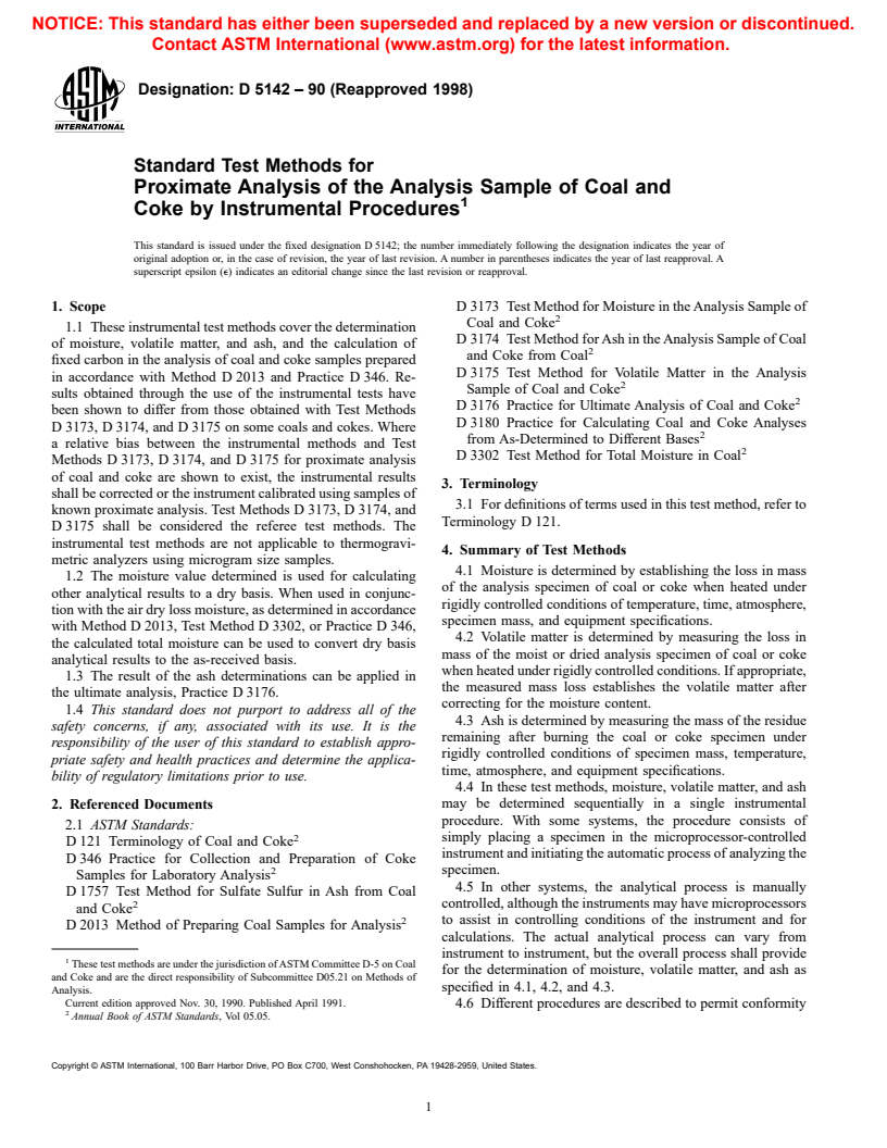 ASTM D5142-90(1998) - Standard Test Methods for Proximate Analysis of the Analysis Sample of Coal and Coke by Instrumental Procedures