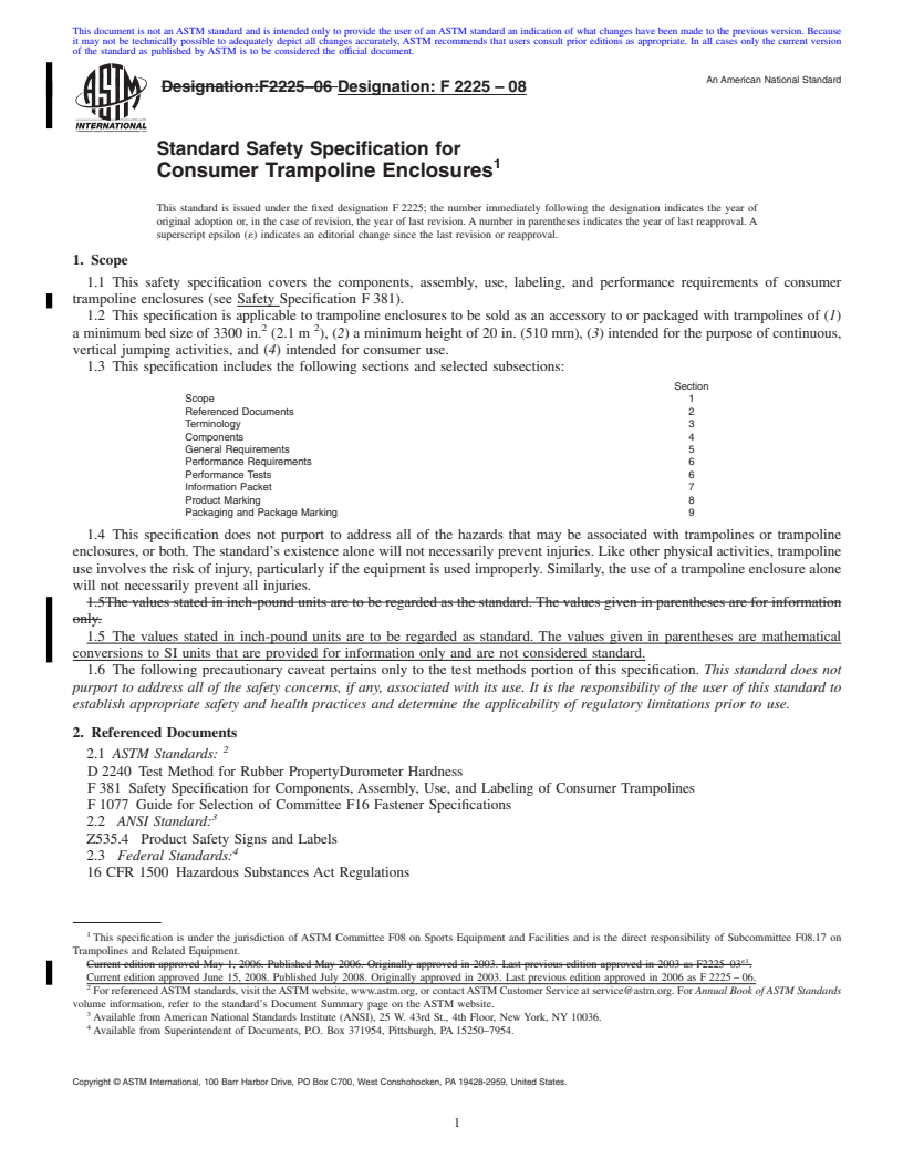 REDLINE ASTM F2225-08 - Standard Safety Specification for Consumer Trampoline Enclosures