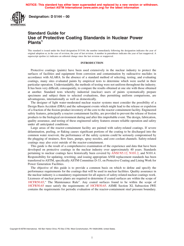 ASTM D5144-00 - Standard Guide for Use of Protective Coating Standards in Nuclear Power Plants