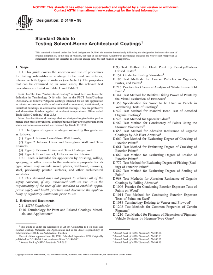 ASTM D5146-98 - Standard Guide to Testing Solvent-Borne Architectural Coatings