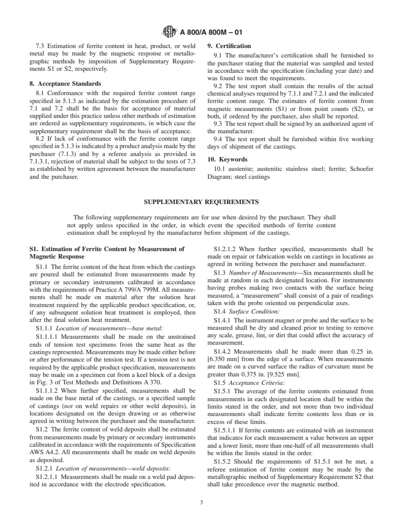 ASTM A800/A800M-01 - Standard Practice for Steel Casting, Austenitic Alloy, Estimating Ferrite Content Thereof