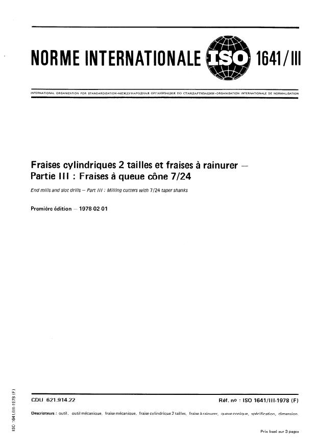 ISO 1641-3:1978 - Fraises cylindriques 2 tailles et fraises a rainurer
