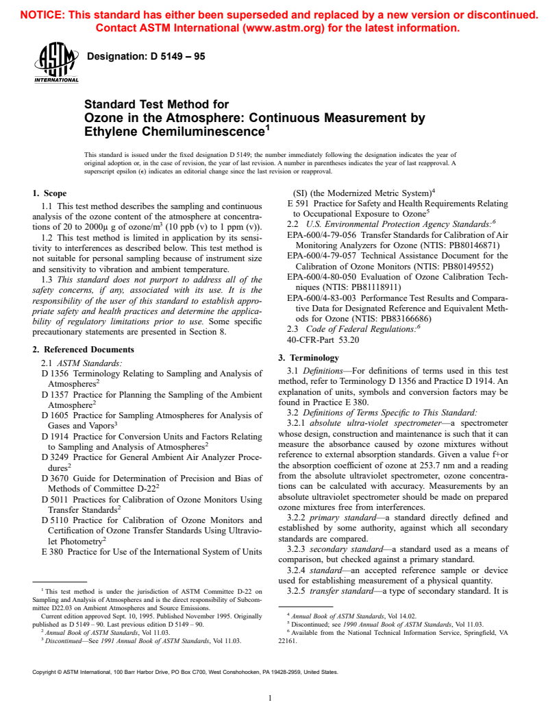 ASTM D5149-95 - Standard Test Method for Ozone in the Atmosphere: Continuous Measurement by Ethylene Chemiluminescence