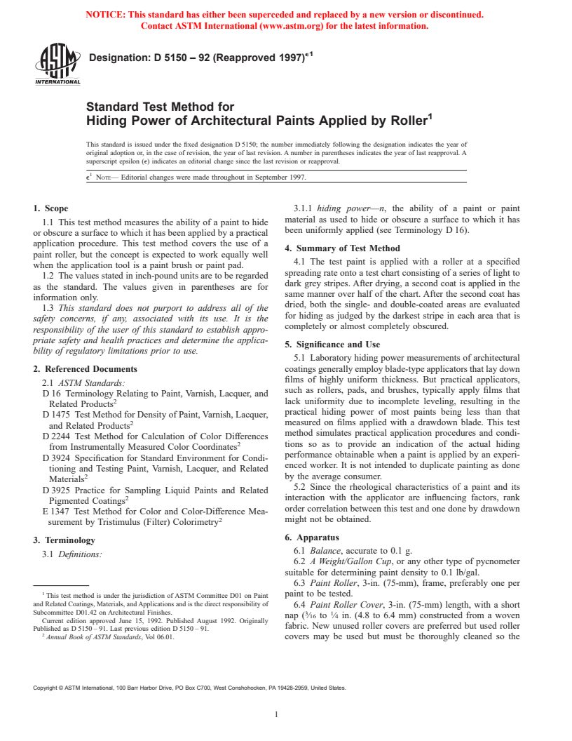 ASTM D5150-92(1997)e1 - Standard Test Method for Hiding Power of Architectural Paints Applied by Roller