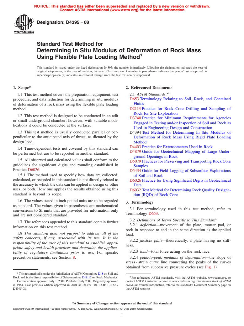 ASTM D4395-08 - Standard Test Method for  Determining In Situ Modulus of Deformation of Rock Mass Using Flexible Plate Loading Method