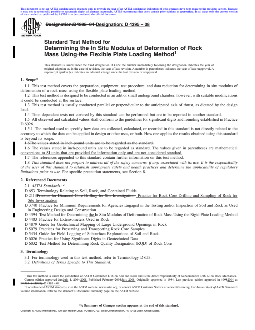 REDLINE ASTM D4395-08 - Standard Test Method for  Determining In Situ Modulus of Deformation of Rock Mass Using Flexible Plate Loading Method