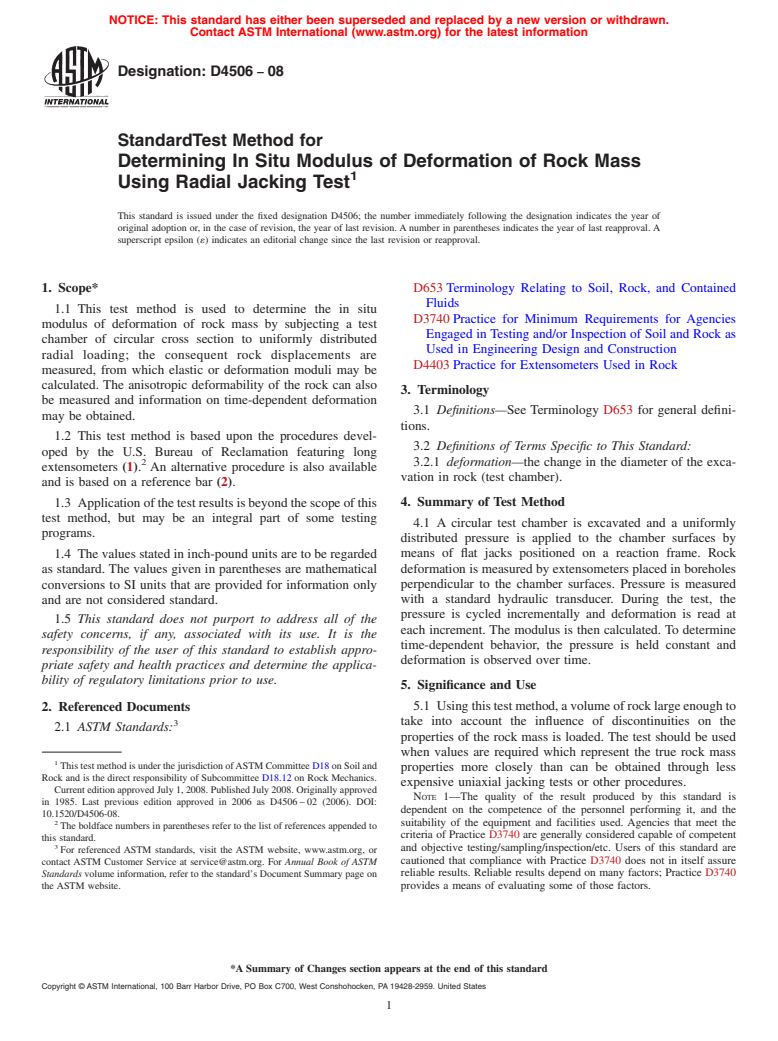 ASTM D4506-08 - Standard Test Method for  Determining In Situ Modulus of Deformation of Rock Mass Using Radial Jacking Test