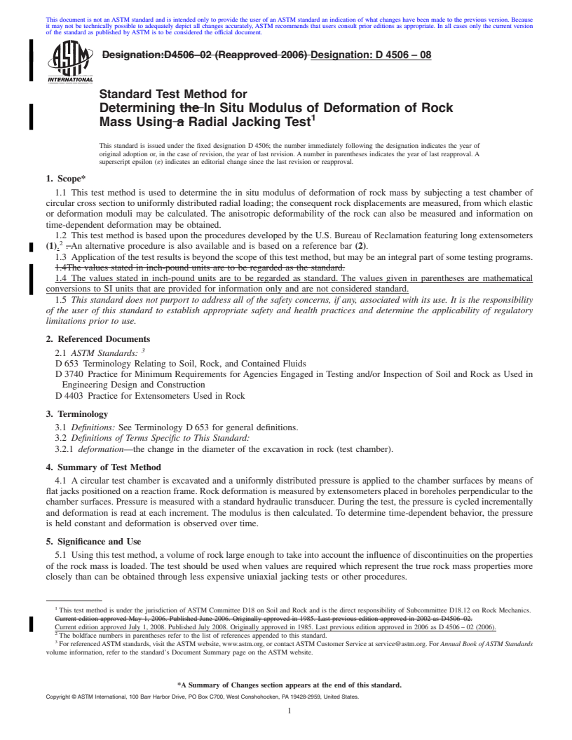 REDLINE ASTM D4506-08 - Standard Test Method for  Determining In Situ Modulus of Deformation of Rock Mass Using Radial Jacking Test