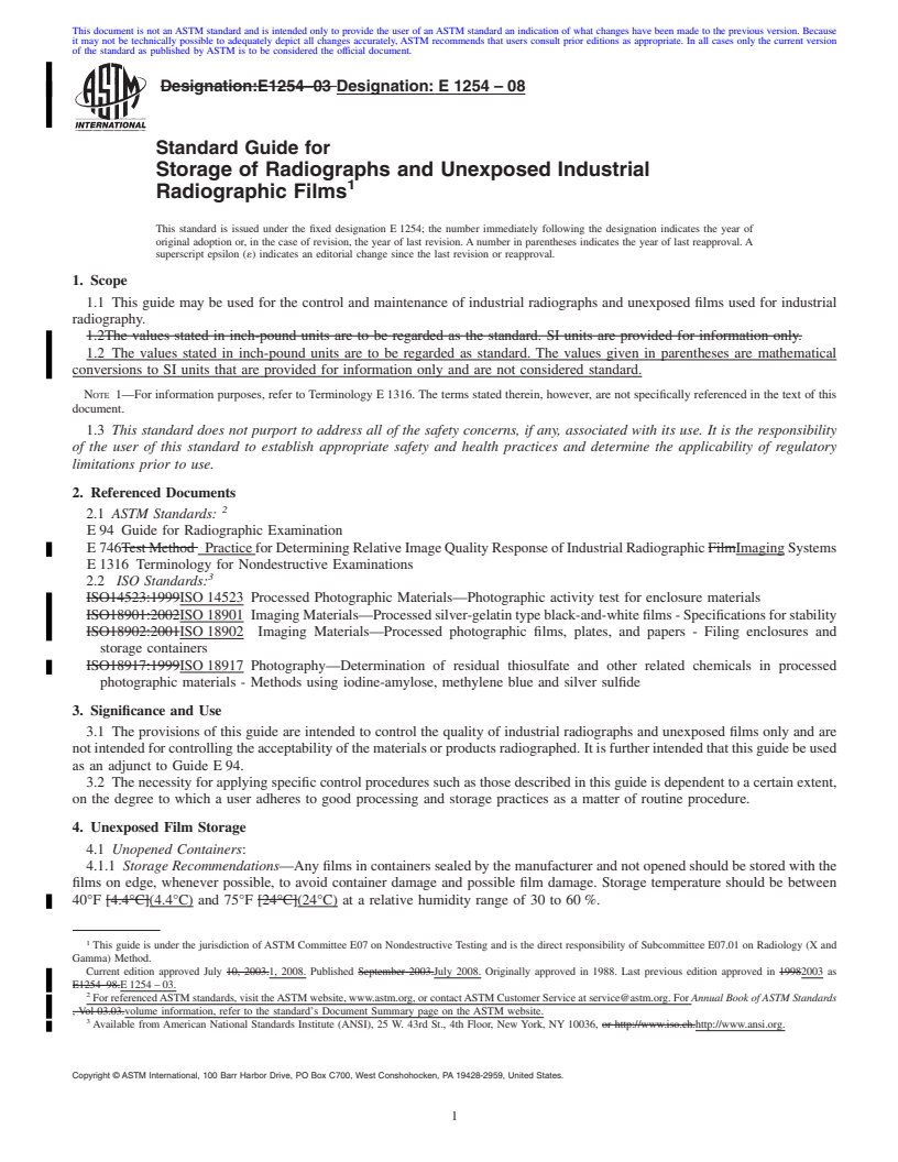 REDLINE ASTM E1254-08 - Standard Guide for Storage of Radiographs and Unexposed Industrial Radiographic Films