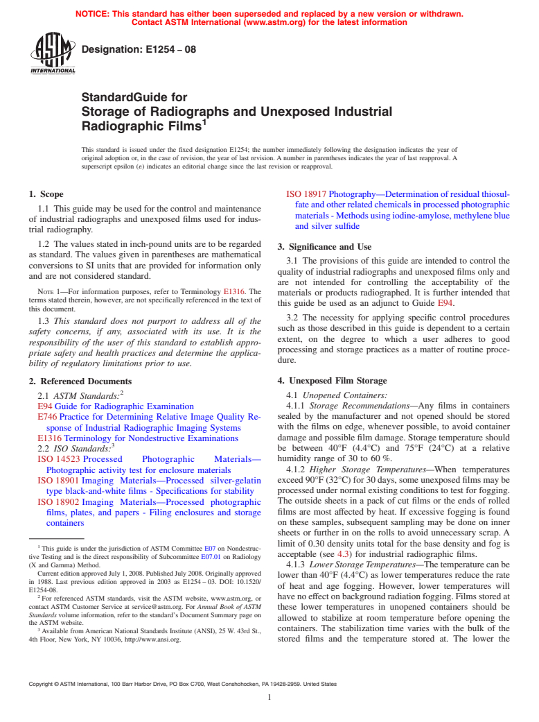 ASTM E1254-08 - Standard Guide for Storage of Radiographs and Unexposed Industrial Radiographic Films