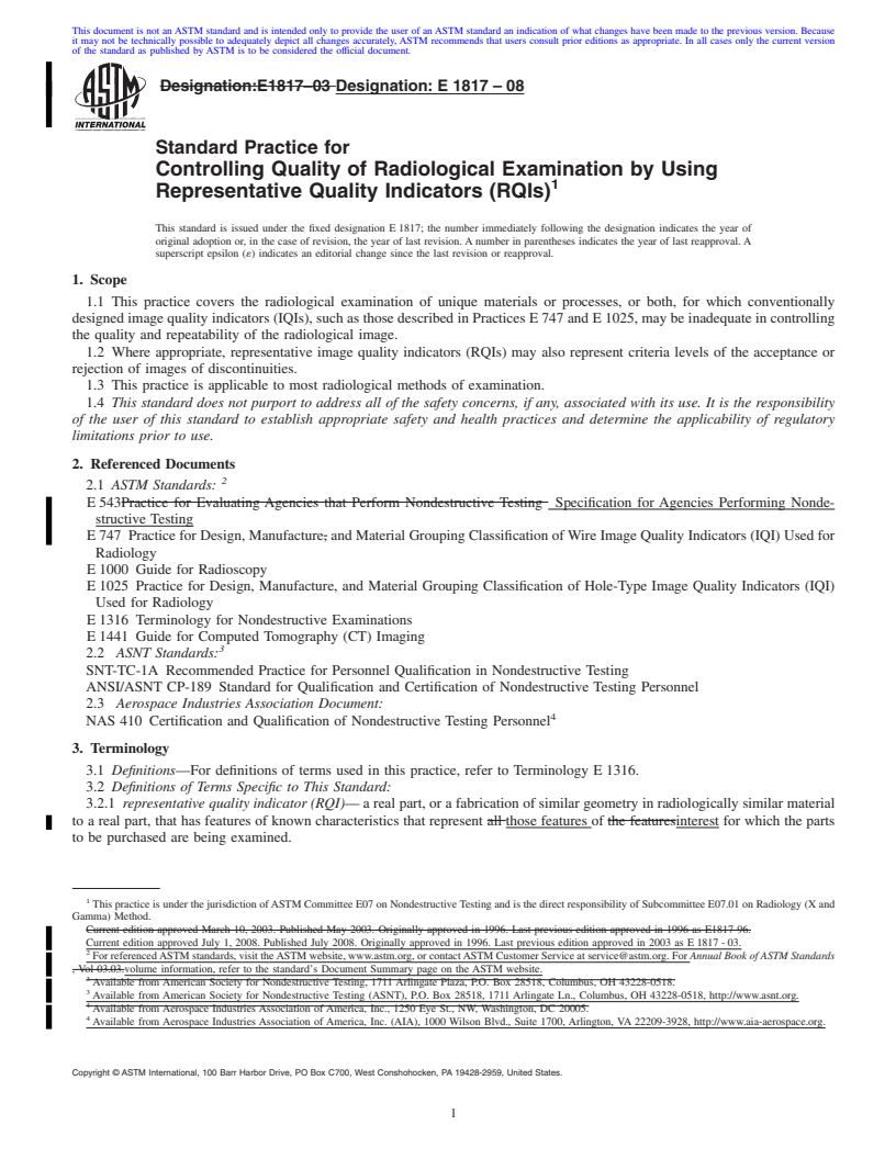 REDLINE ASTM E1817-08 - Standard Practice for  Controlling Quality of Radiological Examination by Using Representative Quality Indicators (RQIs)