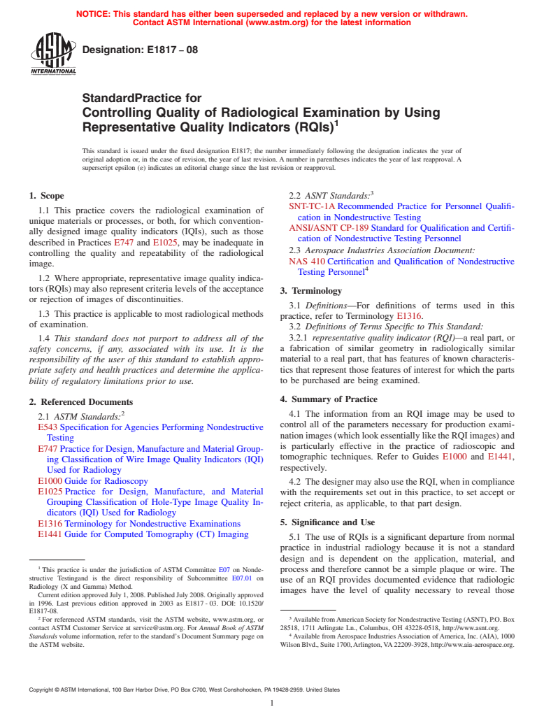 ASTM E1817-08 - Standard Practice for  Controlling Quality of Radiological Examination by Using Representative Quality Indicators (RQIs)