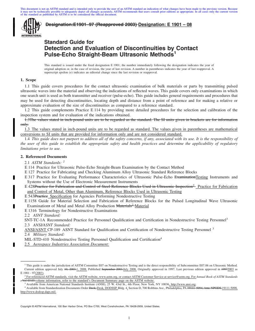 REDLINE ASTM E1901-08 - Standard Guide for Detection and Evaluation of Discontinuities by Contact Pulse-Echo Straight-Beam Ultrasonic Methods