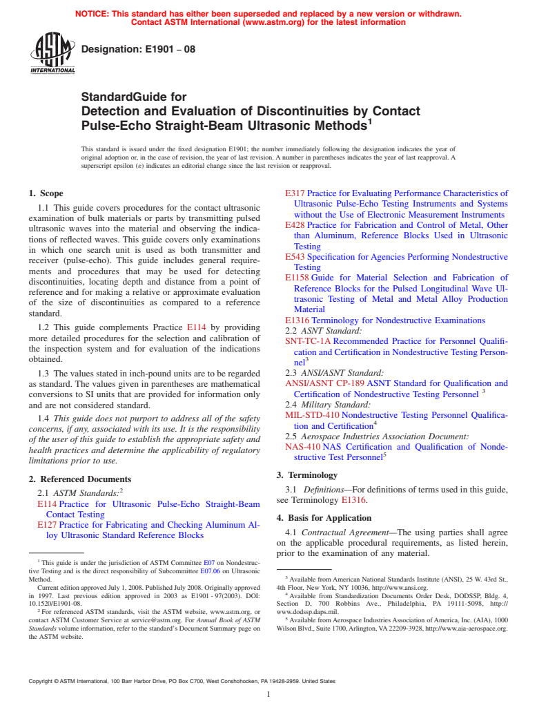 ASTM E1901-08 - Standard Guide for Detection and Evaluation of Discontinuities by Contact Pulse-Echo Straight-Beam Ultrasonic Methods