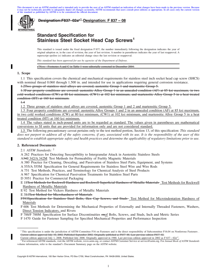 REDLINE ASTM F837-08 - Standard Specification for Stainless Steel Socket Head Cap Screws