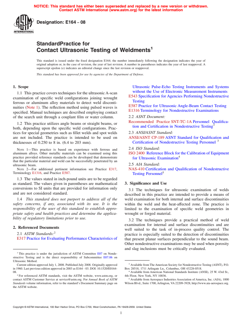 ASTM E164-08 - Standard Practice for  Contact Ultrasonic Testing of Weldments