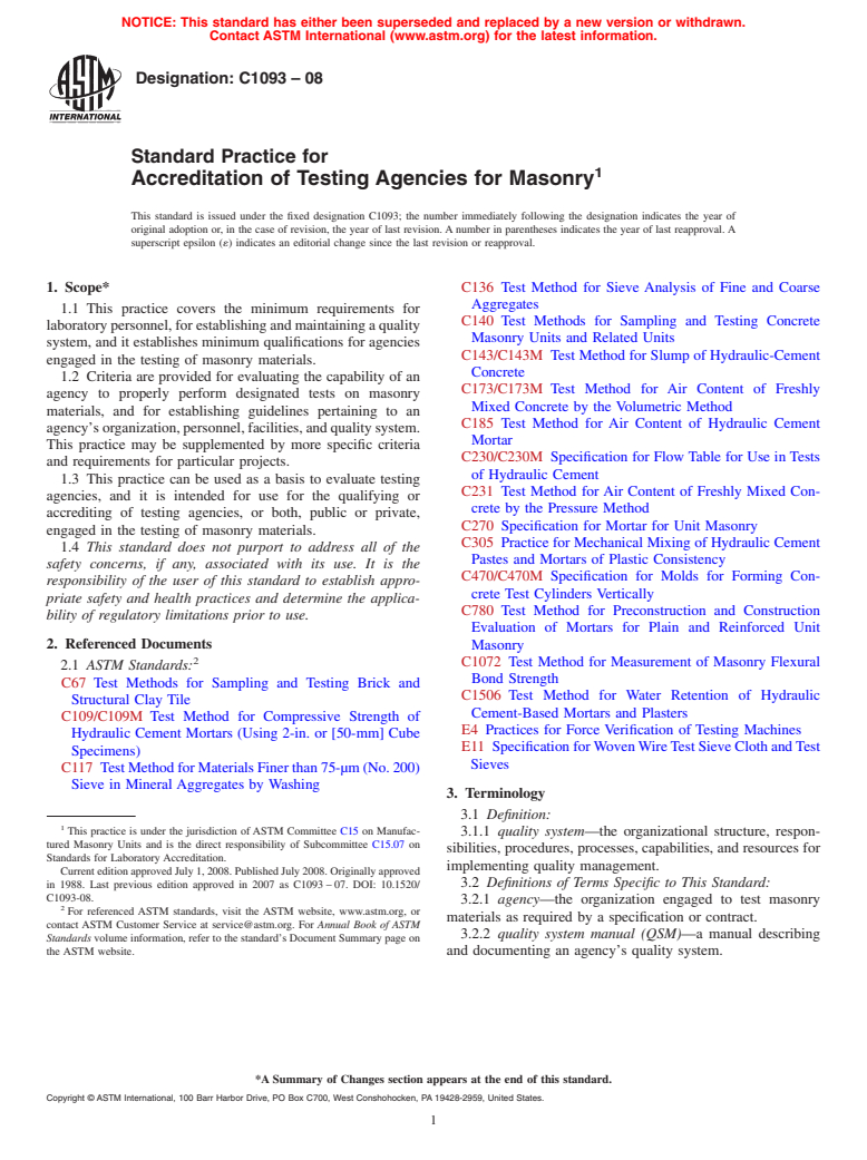 ASTM C1093-08 - Standard Practice for  Accreditation of Testing Agencies for Masonry