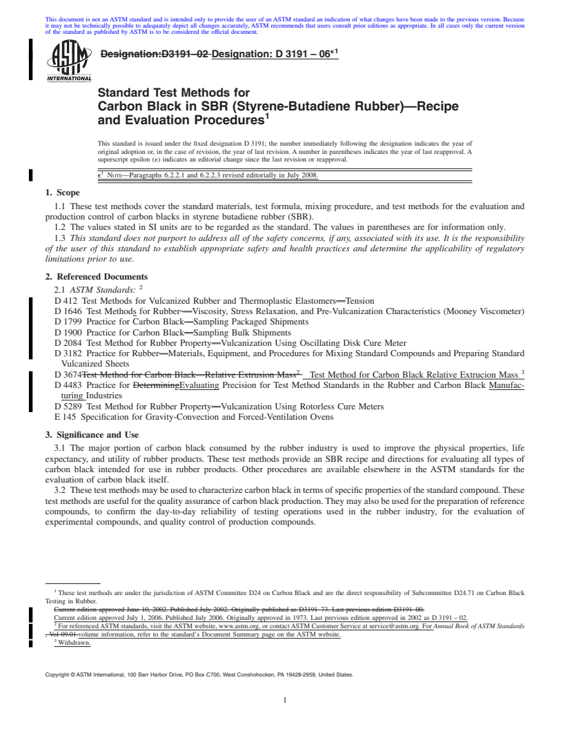 REDLINE ASTM D3191-06e1 - Standard Test Methods for  Carbon Black in SBR (Styrene-Butadiene Rubber)<span class='unicode'>&#x2014;</span>Recipe and Evaluation Procedures