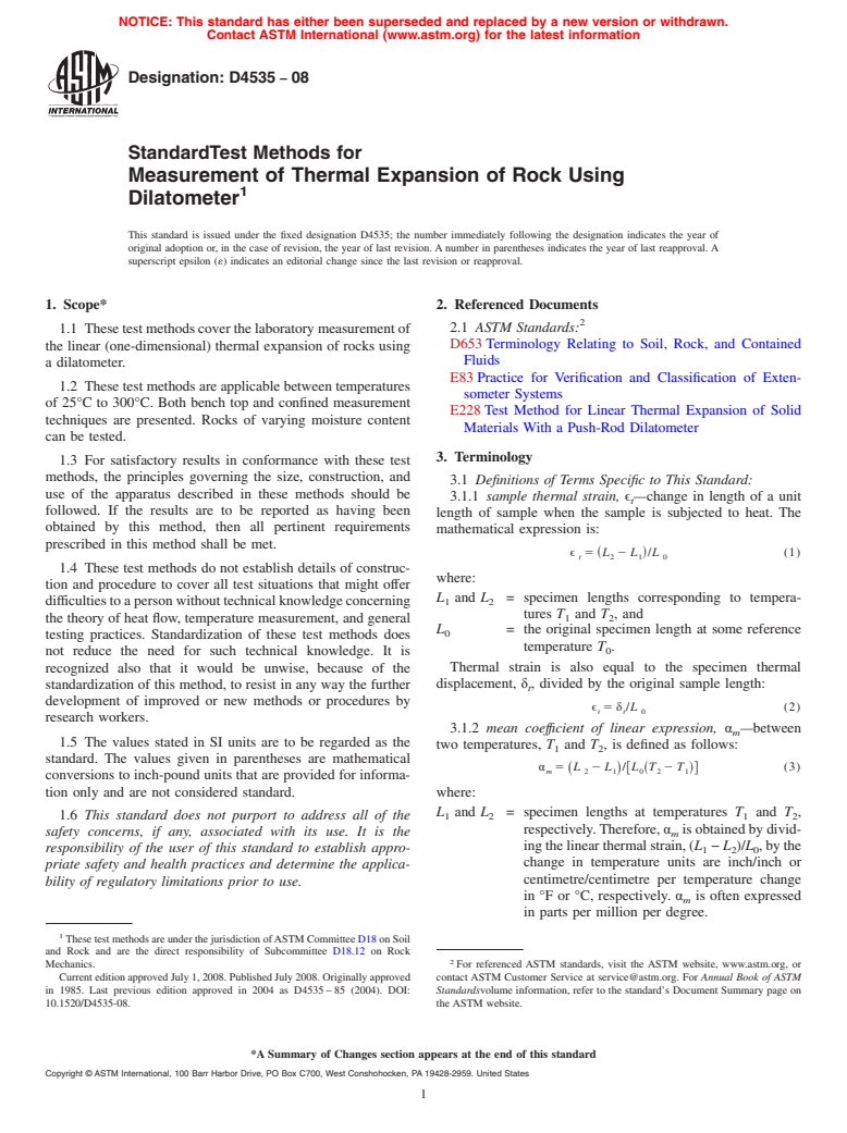 ASTM D4535-08 - Standard Test Methods for  Measurement of Thermal Expansion of Rock Using Dilatometer