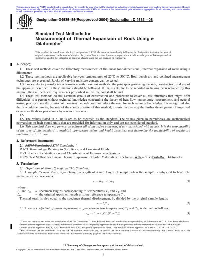 REDLINE ASTM D4535-08 - Standard Test Methods for  Measurement of Thermal Expansion of Rock Using Dilatometer