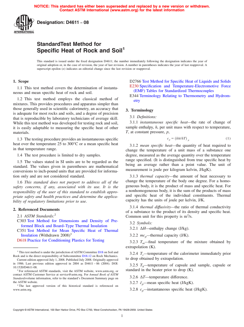 ASTM D4611-08 - Standard Test Method for  Specific Heat of Rock and Soil