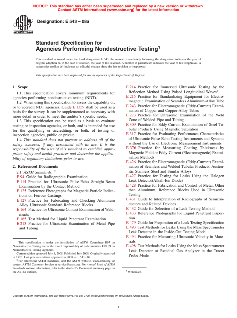 ASTM E543-08a - Standard Specification for  Agencies Performing Nondestructive Testing