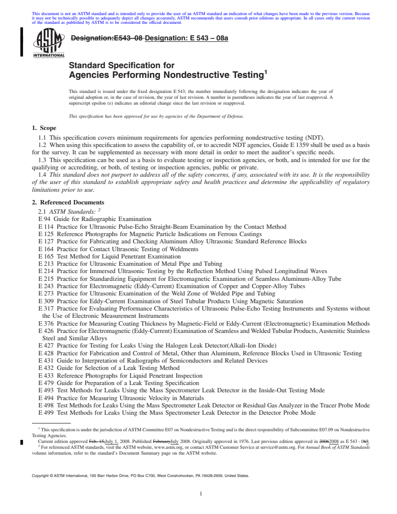 REDLINE ASTM E543-08a - Standard Specification for  Agencies Performing Nondestructive Testing