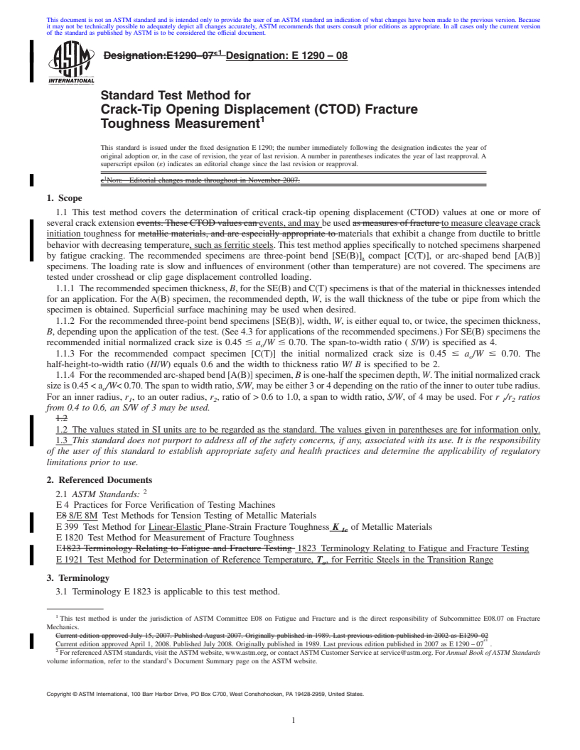 REDLINE ASTM E1290-08 - Standard Test Method for Crack-Tip Opening Displacement (CTOD) Fracture Toughness Measurement