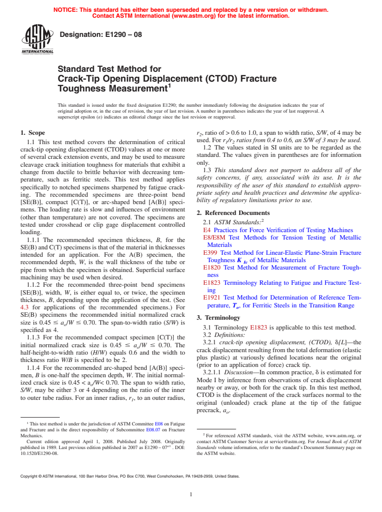 ASTM E1290-08 - Standard Test Method for Crack-Tip Opening Displacement (CTOD) Fracture Toughness Measurement