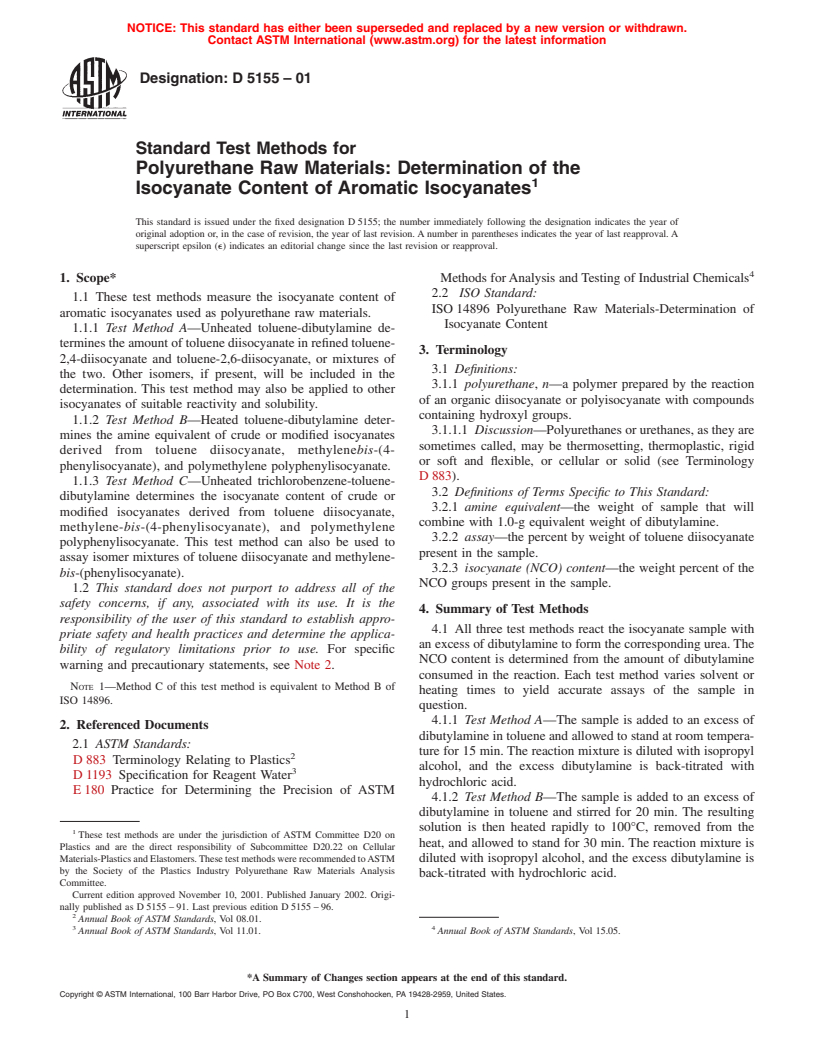 ASTM D5155-01 - Standard Test Methods for Polyurethane Raw Materials  Determination of the Isocyanate Content of Aromatic Isocyanates