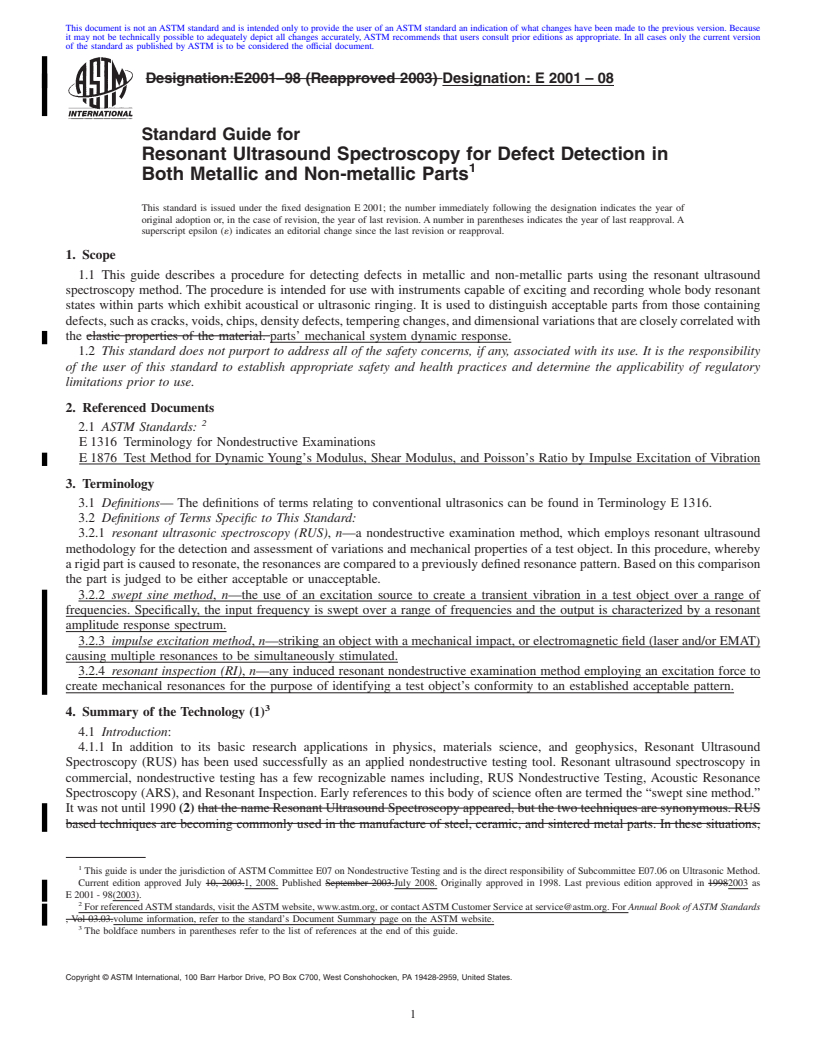 REDLINE ASTM E2001-08 - Standard Guide for Resonant Ultrasound Spectroscopy for Defect Detection in Both Metallic and Non-Metallic Parts