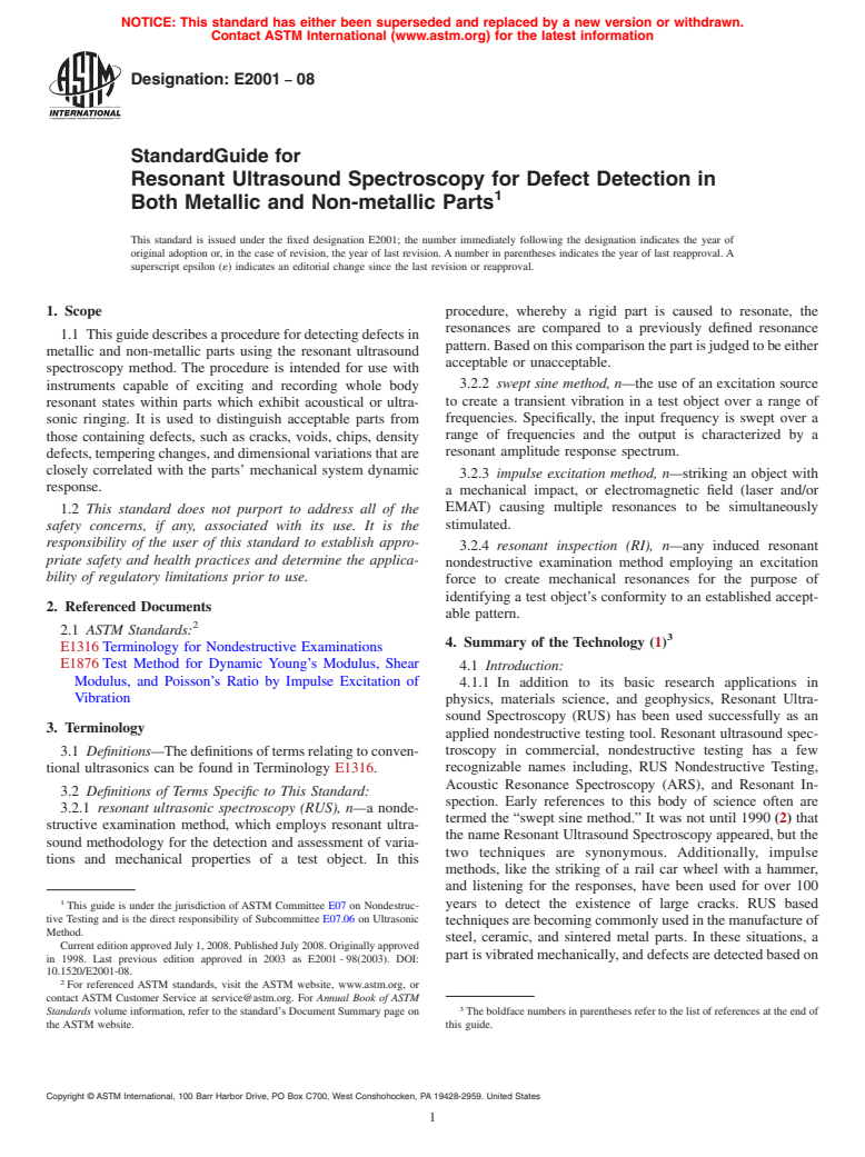 ASTM E2001-08 - Standard Guide for Resonant Ultrasound Spectroscopy for Defect Detection in Both Metallic and Non-Metallic Parts