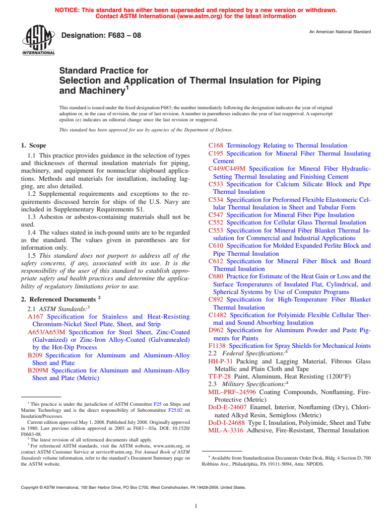 ASTM F683-08 - Standard Practice for Selection and Application of Thermal Insulation for Piping and Machinery