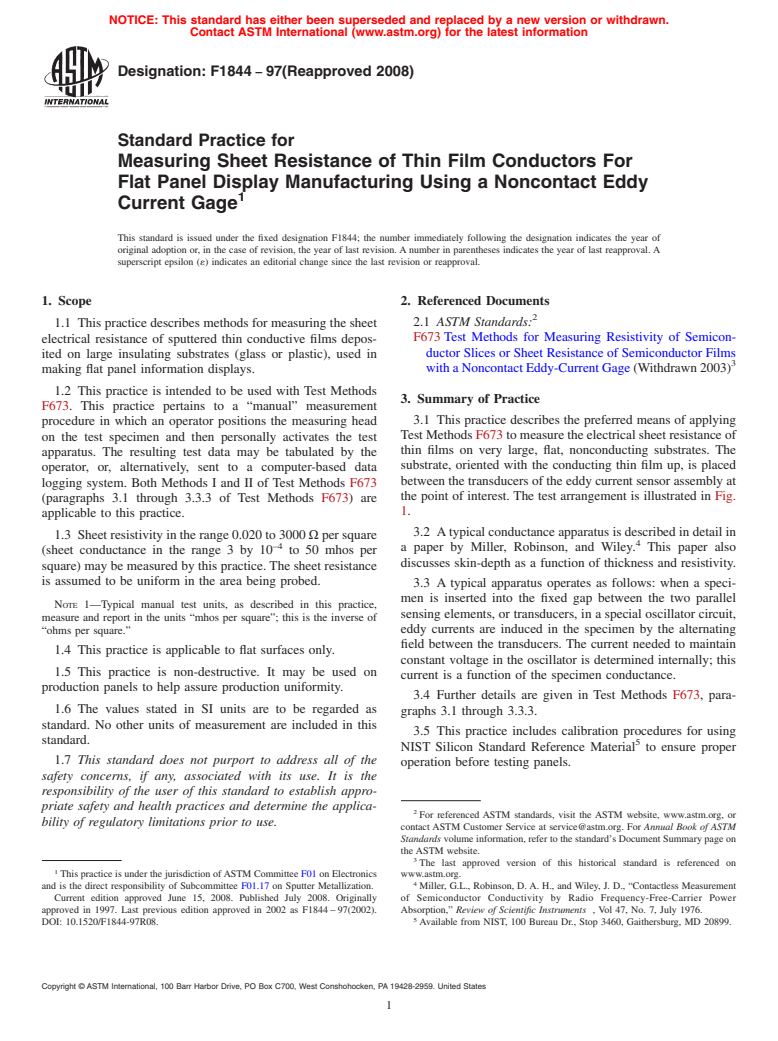 ASTM F1844-97(2008) - Standard Practice for Measuring Sheet Resistance of Thin Film Conductors For Flat Panel Display Manufacturing Using a Noncontact Eddy Current Gage