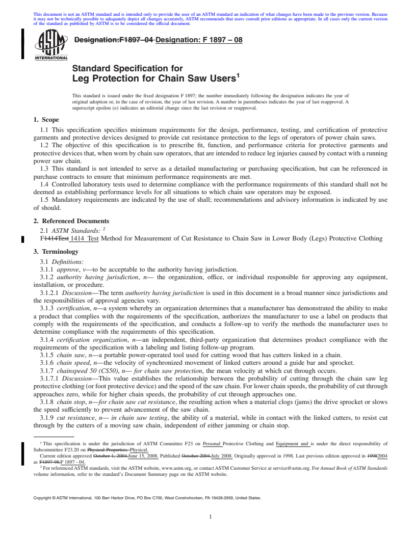 REDLINE ASTM F1897-08 - Standard Specification for Leg Protection for Chain Saw Users