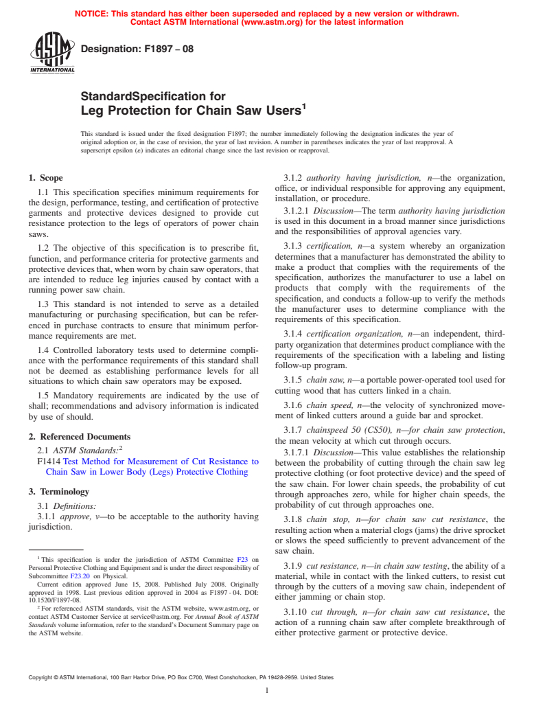 ASTM F1897-08 - Standard Specification for Leg Protection for Chain Saw Users