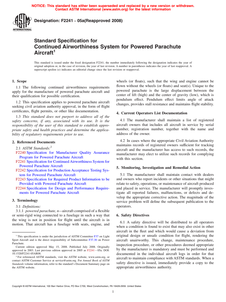 ASTM F2241-05a(2008) - Standard Specification for Continued Airworthiness System for Powered Parachute Aircraft