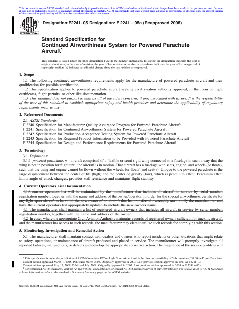 REDLINE ASTM F2241-05a(2008) - Standard Specification for Continued Airworthiness System for Powered Parachute Aircraft