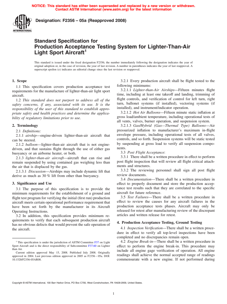 ASTM F2356-05a(2008) - Standard Specification for Production Acceptance Testing System for Lighter-Than-Air Light Sport Aircraft