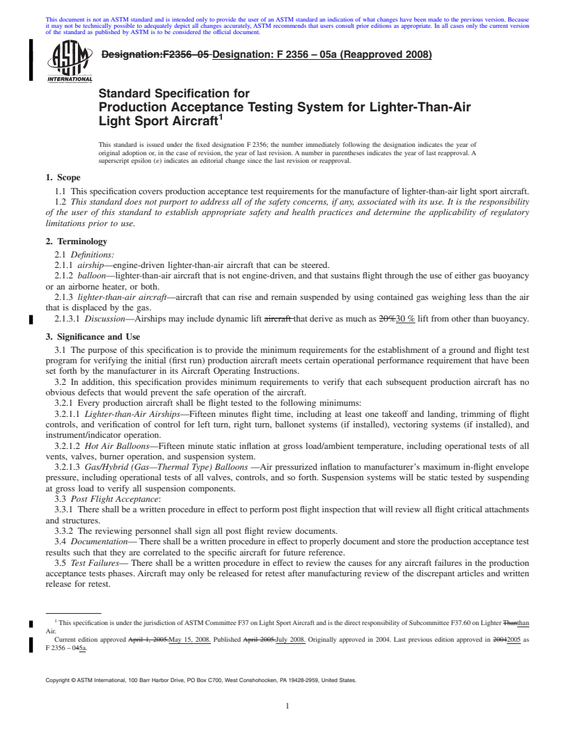 REDLINE ASTM F2356-05a(2008) - Standard Specification for Production Acceptance Testing System for Lighter-Than-Air Light Sport Aircraft