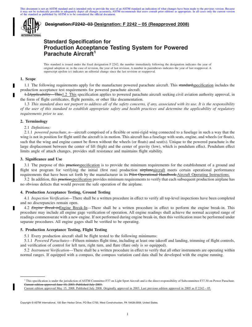 REDLINE ASTM F2242-05(2008) - Standard Specification for Production Acceptance Testing System for Powered Parachute Aircraft