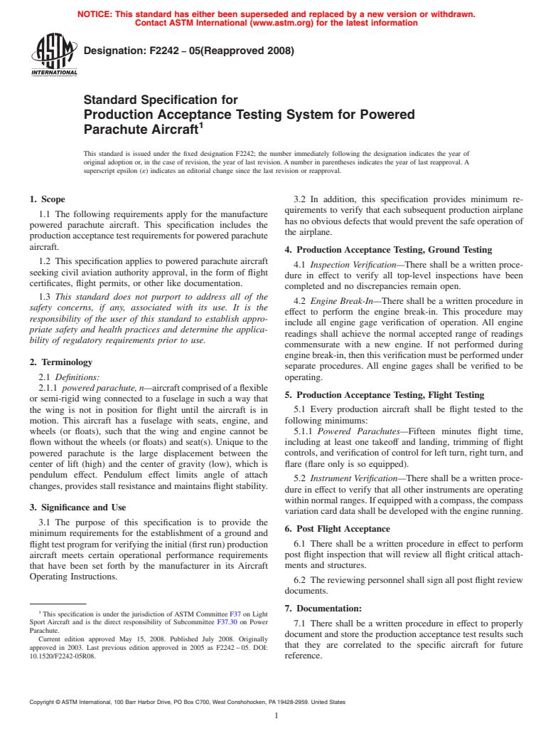 ASTM F2242-05(2008) - Standard Specification for Production Acceptance Testing System for Powered Parachute Aircraft