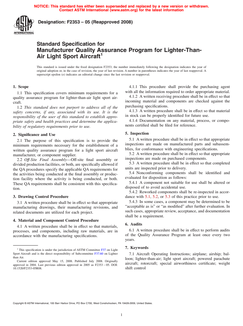 ASTM F2353-05(2008) - Standard Specification for Manufacturer Quality Assurance Program for Lighter-Than-Air Light Sport Aircraft