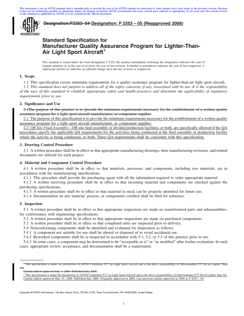 REDLINE ASTM F2353-05(2008) - Standard Specification for Manufacturer Quality Assurance Program for Lighter-Than-Air Light Sport Aircraft