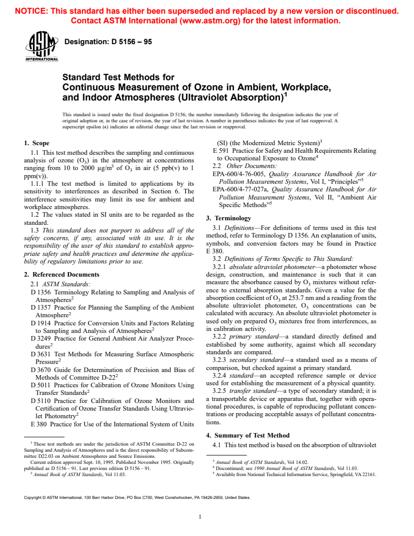 ASTM D5156-95 - Standard Test Methods for Continuous Measurement of Ozone in Ambient, Workplace, and Indoor Atmospheres (Ultraviolet Absorption)