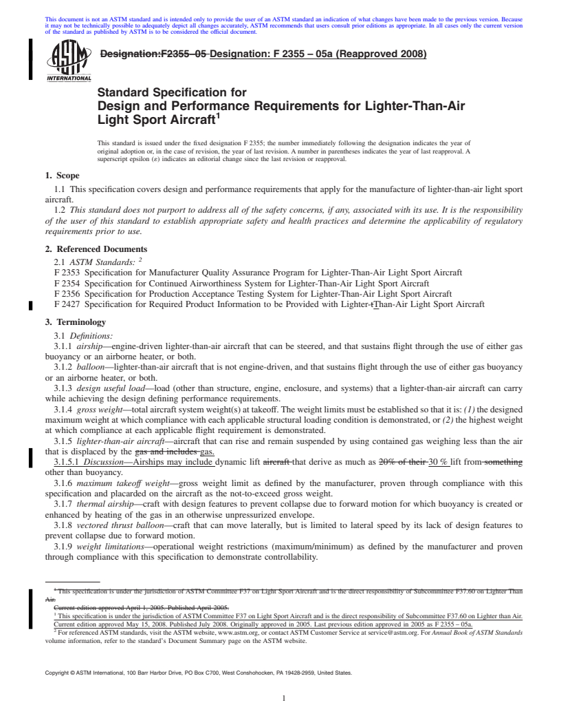 REDLINE ASTM F2355-05a(2008) - Standard Specification for Design and Performance Requirements for Lighter-Than-Air Light Sport Aircraft